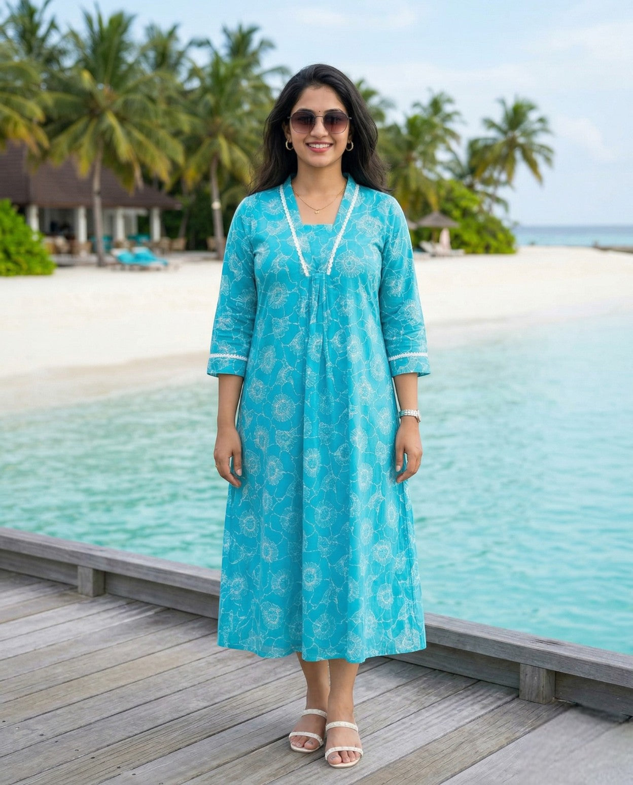 Miss Myrtle Pleated V Collar Lace Neck Outdoor Casual Kurthi