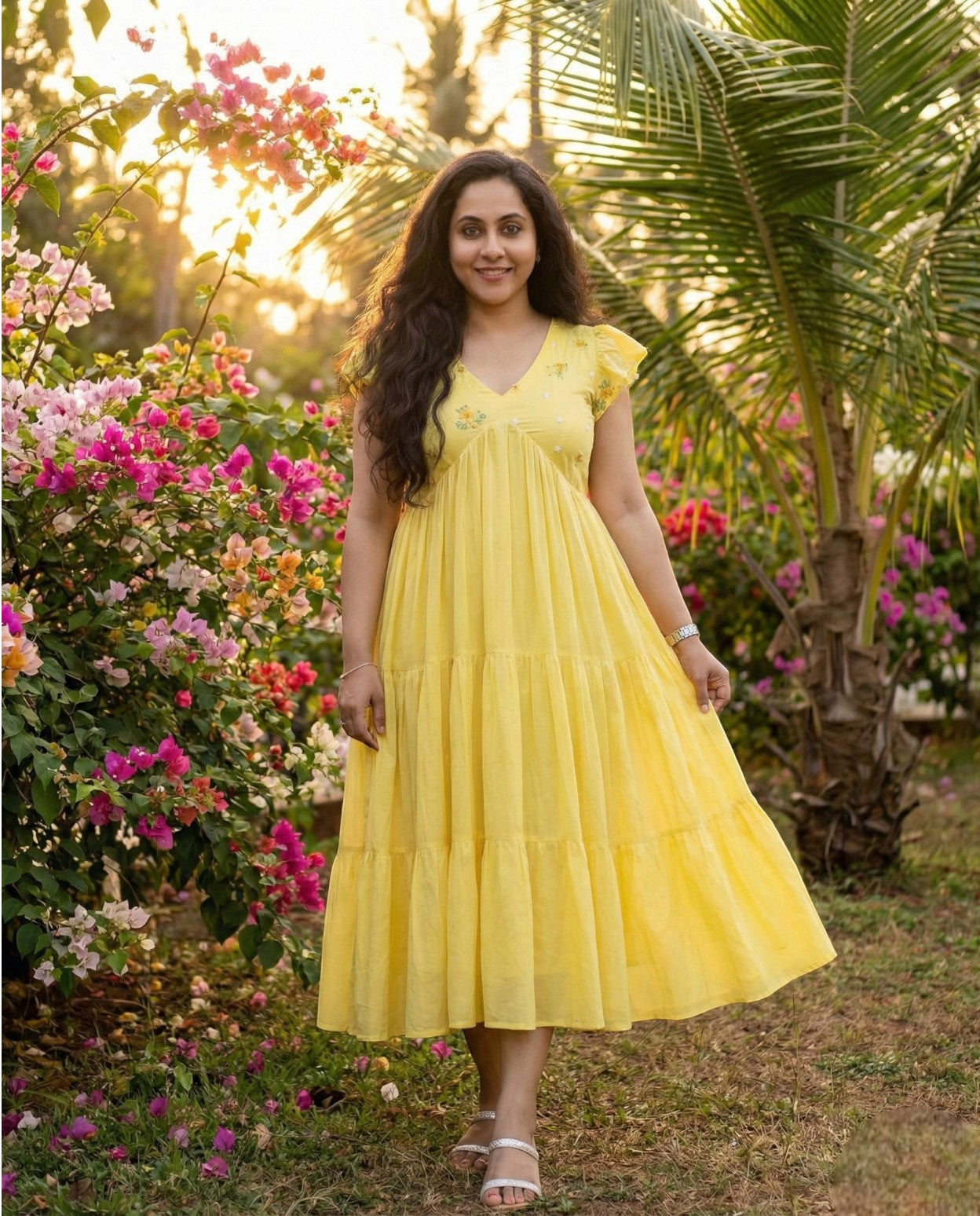 Butterfly Sleeved  Flared Cotton frocks with Thread work