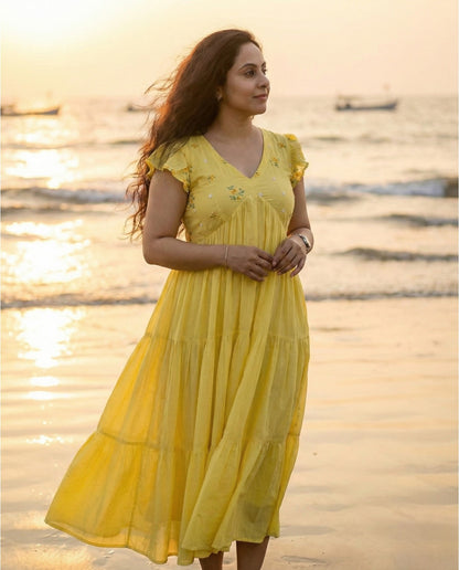 Butterfly Sleeved  Flared Cotton frocks with Thread work