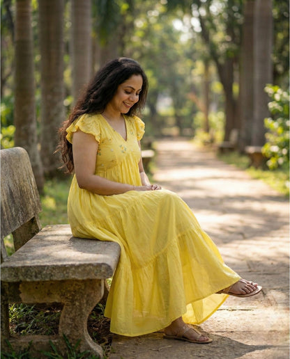 Butterfly Sleeved  Flared Cotton frocks with Thread work