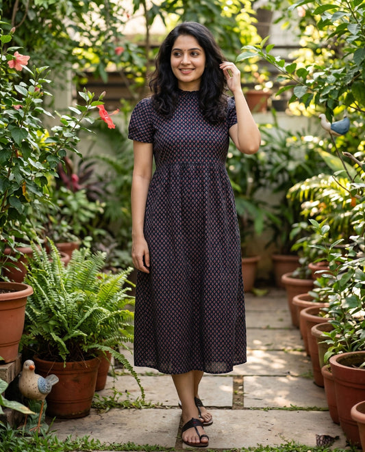 Frilled Neck Frocks with Semi Puff sleeves