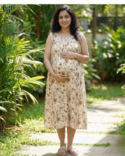 Floral Sleeveless cotton Frocks with Tie- Maternity cum Feeding
