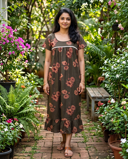 Homey frocks with lace on yoke-Floral