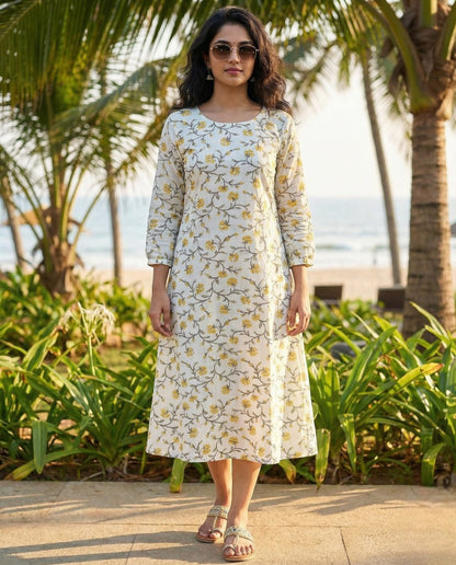 Miss Myrtle Cotton Floral Kurthi with 3 piece cut and Semi puff Sleeves