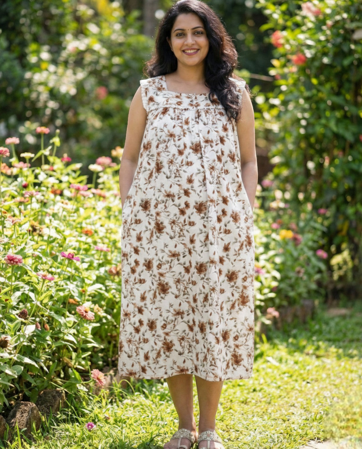 Floral Sleeveless cotton Frocks with Tie- Maternity cum Feeding