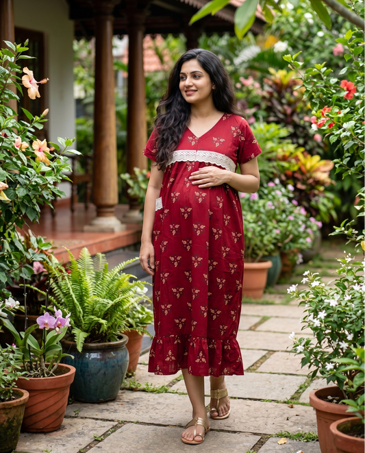 Homey frocks with lace on yoke- Maternity Cum Feeding