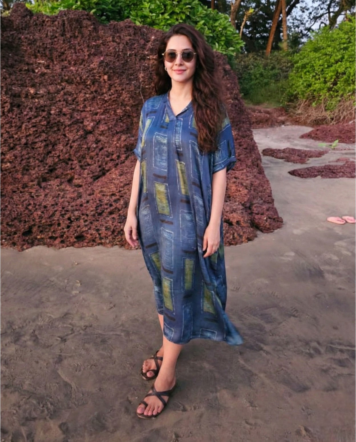 Trending Kaftan Shirt Dress in Pure Modal Silk with Block Prints