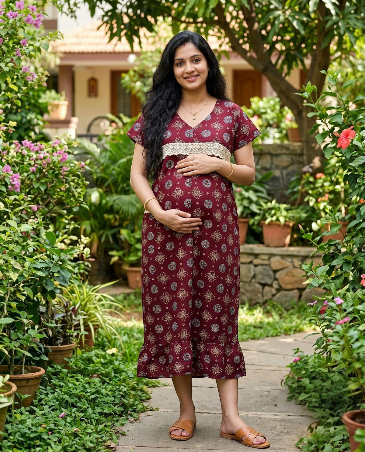 Homey frocks with lace on yoke- Maternity Cum Feeding
