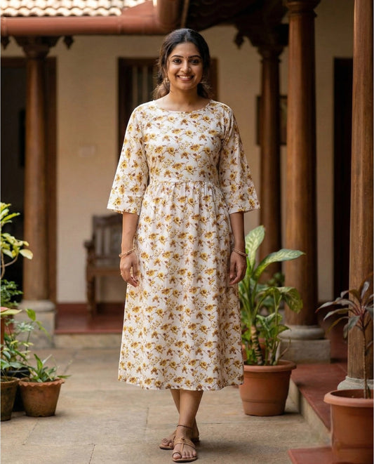 Long sleeved Flared Maternity cum Feeding Frock