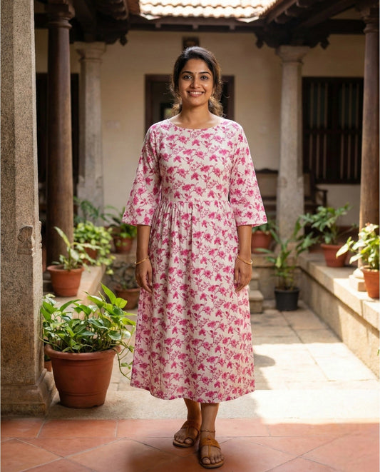 Long sleeved Flared Maternity cum Feeding Frock