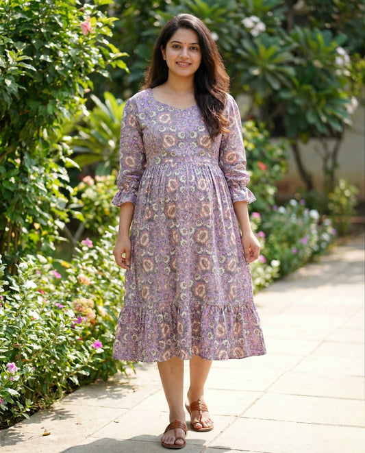 Long Puff Sleeved Flared Frocks- Maternity Cum Feeding