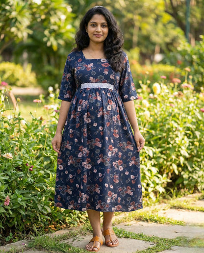 Retro Style Long  sleeved flared frocks - Maternity Cum Feeding