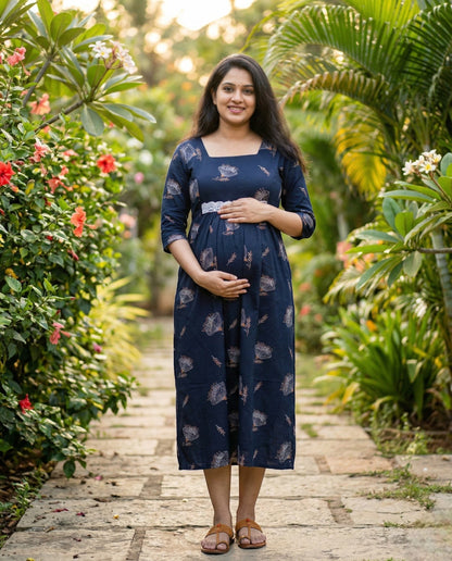 Retro Style Long  Sleeved Flared frocks - Maternity Cum Feeding