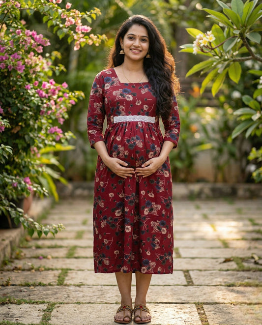 Retro Style Long  sleeved flared frocks - Maternity Cum Feeding