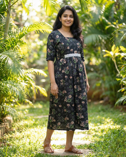 Retro Style Long  sleeved flared frocks - Maternity Cum Feeding