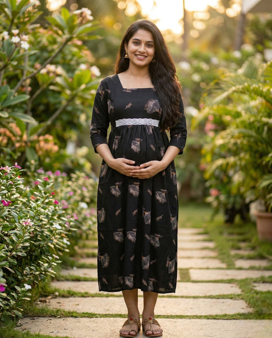 Retro Style Long  Sleeved Flared frocks - Maternity Cum Feeding