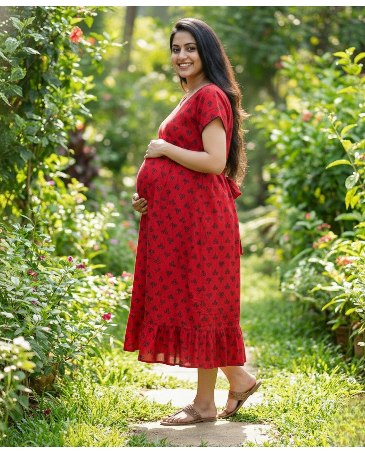 Beautiful A line frock with Pom Pom Detailing on Sleeves-Maternity Cum Feeding