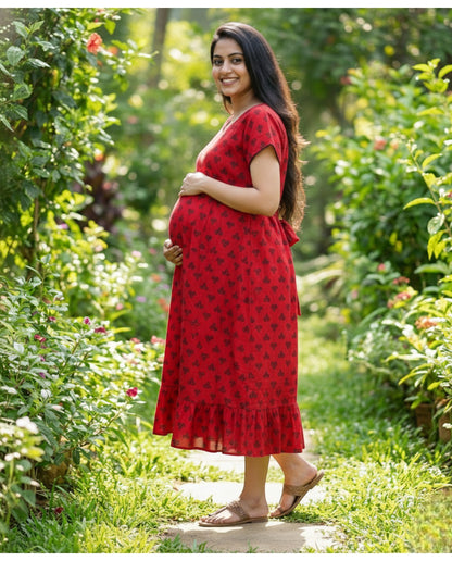 Beautiful A line frock with Pom Pom Detailing on Sleeves-Maternity Cum Feeding
