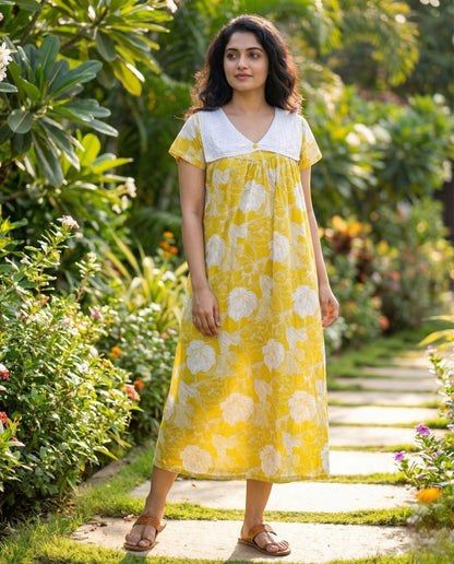 Stylish Bow Collar Frock - Floral Print