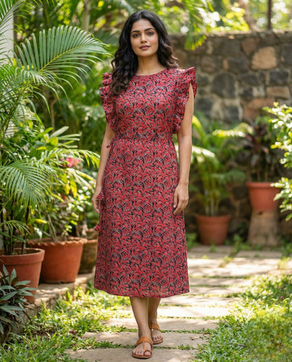 Wing Sleeved cotton Frocks with Tie