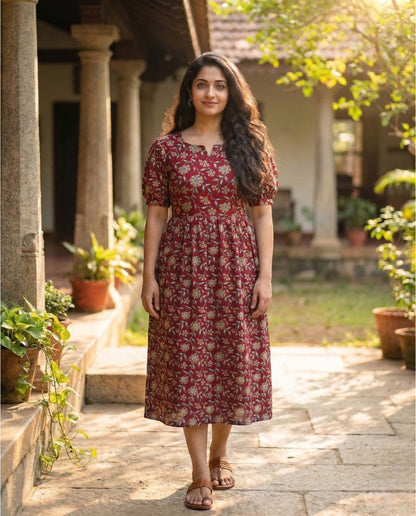 Puff Sleeved Flared Floral Frocks
