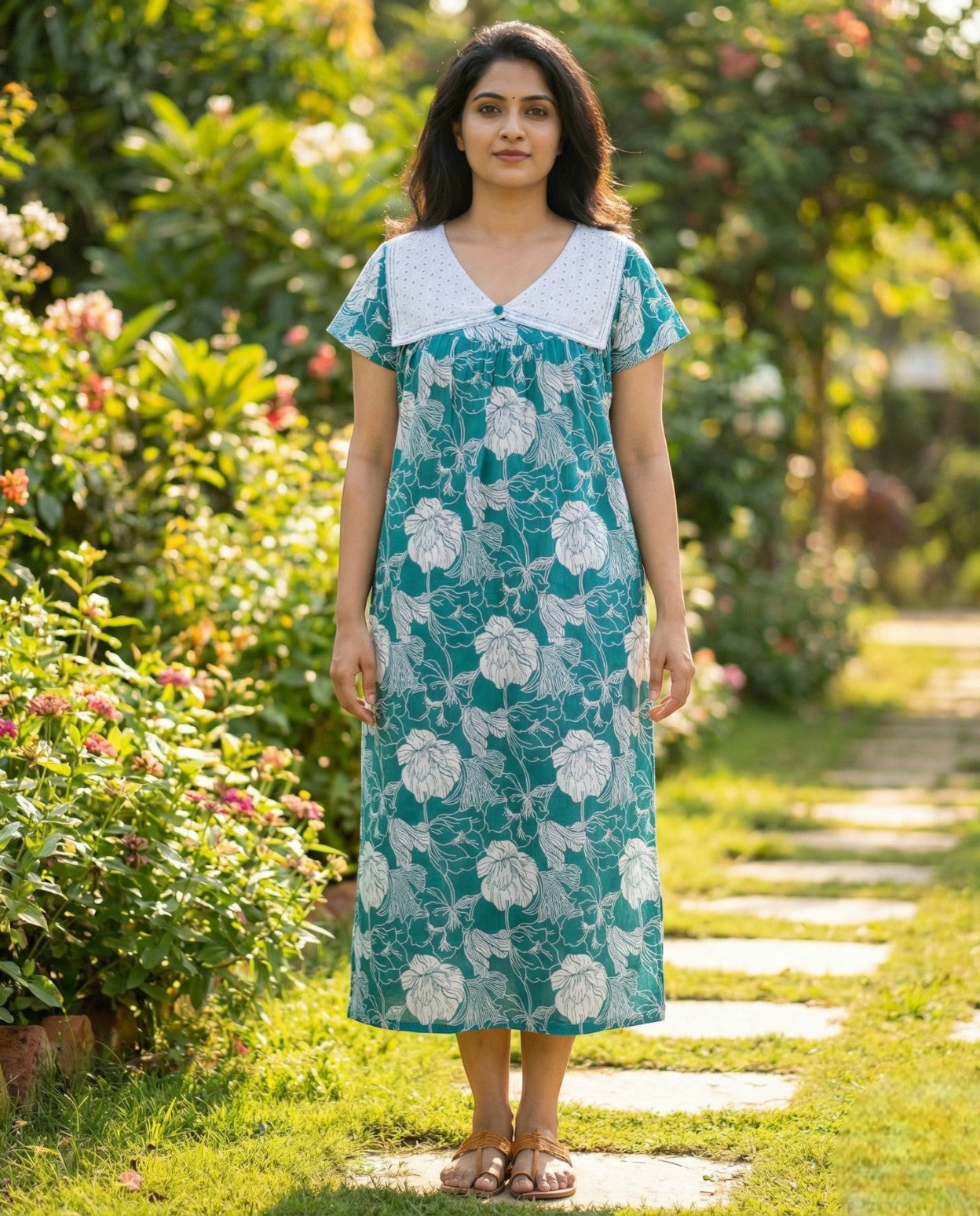 Stylish Bow Collar Frock - Floral Print