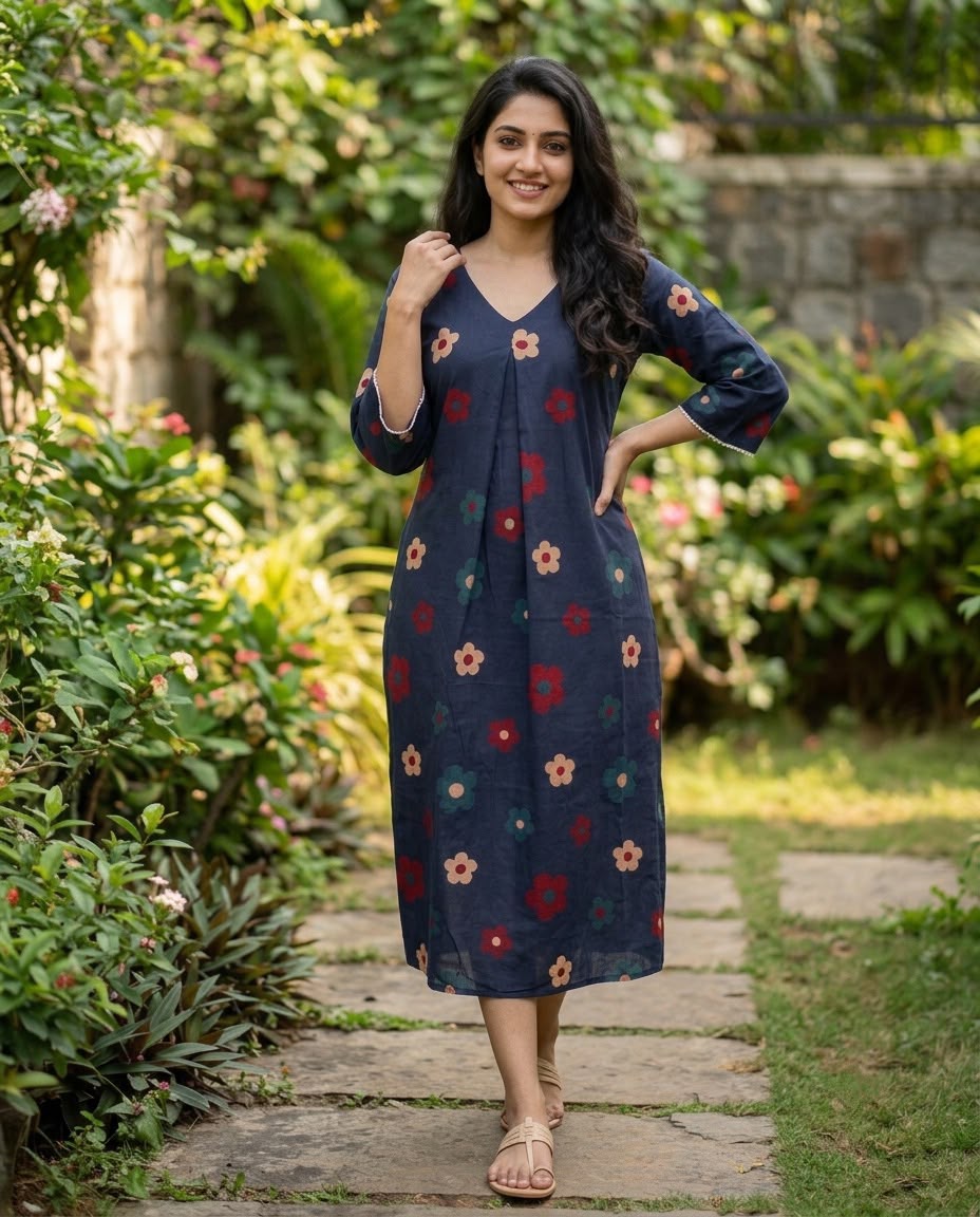New Stylish Cotton Frock With Long Sleeves and Lace Detailing