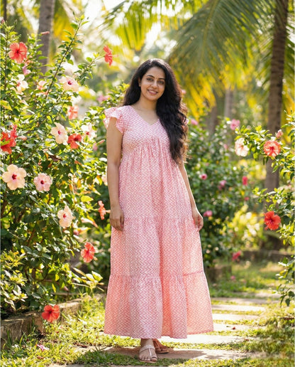 Butterfly Sleeved Full Length Flared Cotton frock