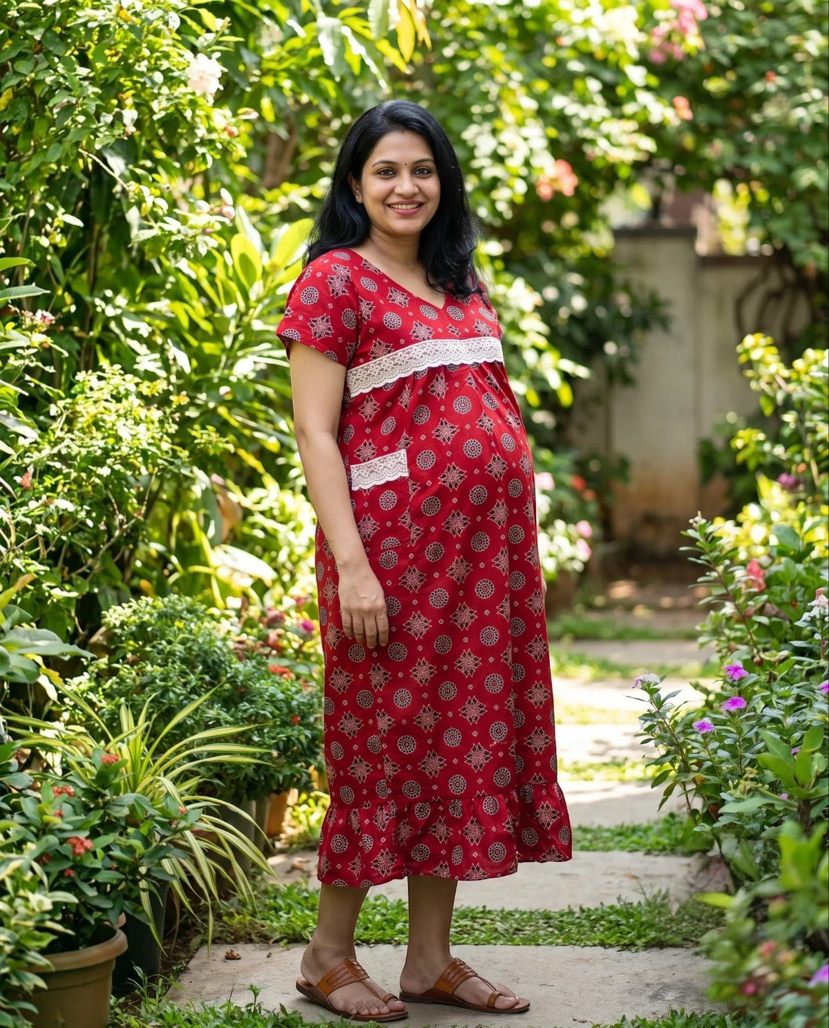 Homey frocks with lace on yoke- Maternity Cum Feeding