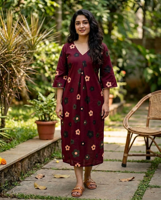 New Stylish Cotton Frock With Long Sleeves and Lace Detailing