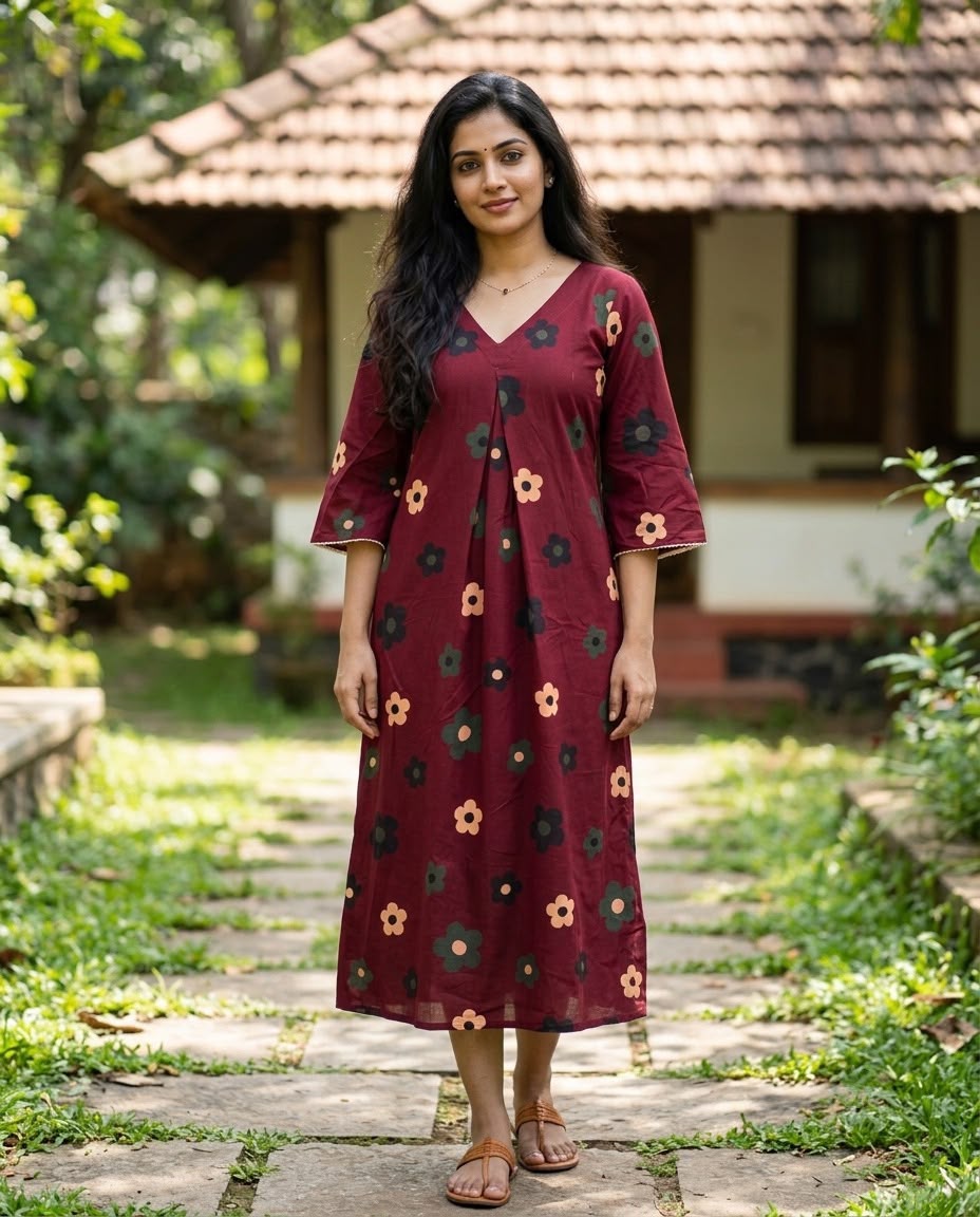 New Stylish Cotton Frock With Long Sleeves and Lace Detailing